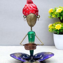 Golden Peacock Green & Red Metal Handcrafted Sitting Turban Man Figurine Showpieces-48