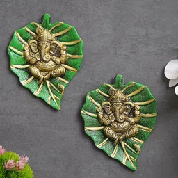 eCraftIndia Green & Gold Toned 2 Pieces Lord Ganesha On Green Leaf Wall Showpieces-19