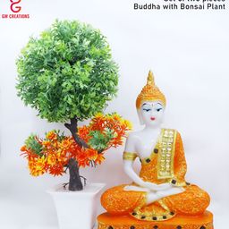 GW CREATIONS Orange and White Buddha Idol Showpiece with Bonsai Plant-image-25