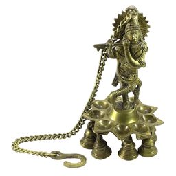 eCraftIndia Gold Toned Lord Krishna Playing Flute Wall Hanging with 9 Oil Wick Diya-image-40