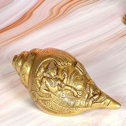Two Moustaches Gold Toned Brass Shankh with Vishnu Carving Showpiece-image-49