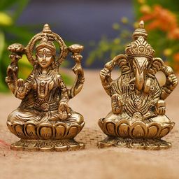 CraftVatika 2 Pcs Golden Ganesha & Lakshmi Brass Idol Showpieces-image-34