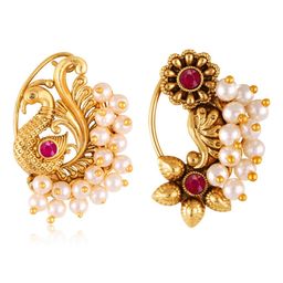 Vighnaharta Set Of 2 Gold Plated Stone-Studded & Beaded Nosepin-53