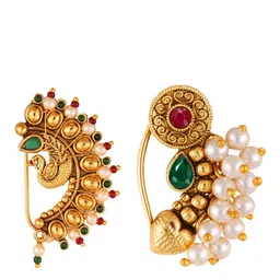 Vighnaharta Set Of 2 Gold-Plated Stone-Studded & Pearl Beaded Ring Nosepins-picture-7