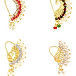 Vighnaharta Set Of 4 Gold-Plated American Diamond Stone Studded & Beaded Nosepins-image-56