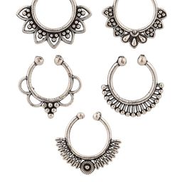 Sanjog Set Of 5 Oxidised Silver -Plated Clip-on Nosepin-19
