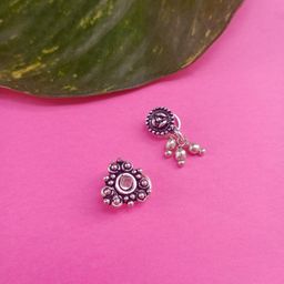 FIROZA Set Of 2 Silver Plated Oxidised Stone Studded Stud Nosepins-image-3