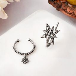 Voylla Set Of 2 Silver Plated Floral Detail Stud Nosepins-52