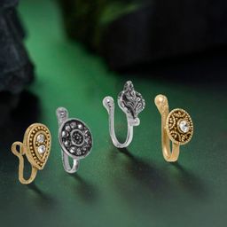 OOMPH Set Of 4 Gold & Silver-Toned White Stone Studded Oxidized Stud Nosepin-image-0