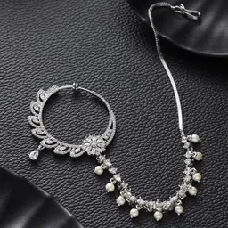 Jazz and Sizzle Silver-Plated AD-Studded Nose Ring With Pearl Drop Chain-21