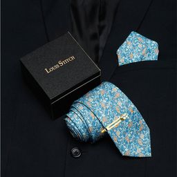 LOUIS STITCH Men Italian Silk Necktie & Pocket Square with Golden Tie pin-41