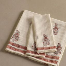 peepul tree Hand Block Printed 100% Pure Cotton Floral Offwhite & Peach 240 GSM Super Absorbent 2 Hand & 1 Bath Towel Set-picture-34