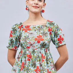 WineRed Floral Print Puff Sleeve Cotton Empire Top-56