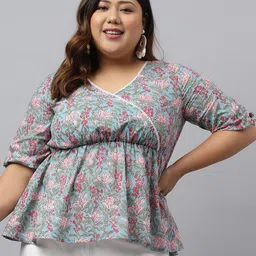 Janasya Blue Floral Printed V-Neck Puff Sleeve Cotton Empire Top-image-10