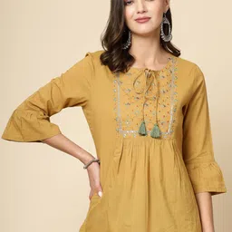 Ramas Tie-Up Neck Bell Sleeves Embroidered A-Line Cotton Top-image-18