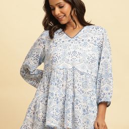 W White & Blue Floral Printed Cotton A-Line Top-image-19