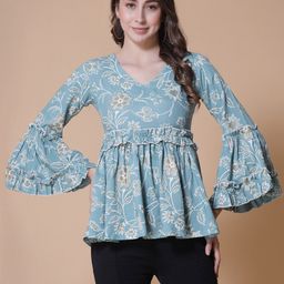 God Bless Floral Printed Bell Sleeve Ruffled Empire Top-image-70