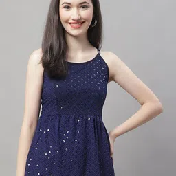 JAINISH Self Design Shoulder Straps Sequined Peplum Top-image-87
