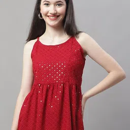 JAINISH Embellished Embroidered Shoulder Straps Peplum Top-image-17