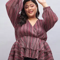 Sztori Plus Size Striped Puff Sleeve Layered Empire Top-image-24