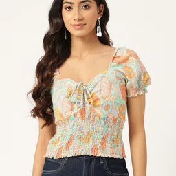 Madame Printed Sweetheart Neck Smocked Empire Top-image-98