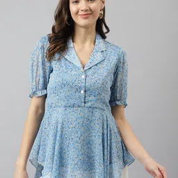 KERI PERRY Floral Printed Lapel Collar Puff Sleeve High-Low Top-image-43