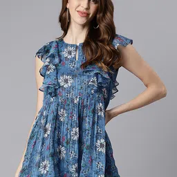 Janasya Blue & White Floral Print Ruffles Georgette Peplum Top-picture-32