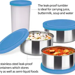 milton New Steel Combi Lunch Box, 3 Containers and 1 Tumbler with Jacket, Set of 4, Cyan 4 Containers Lunch Box image 3