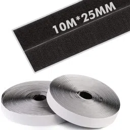 Self Adhesive Hook Tape & Self Adhesive Loop Tape (10M*25mm Hook & Loop Tape, Black Color), Sticky Back Fastening, Strong Glue with Durable Quality, Adhesive Back Mounting Tape for Stationary, Pictures ,Tools, Household Purposes, Schools and Office etc. Stick-on Velcro-2