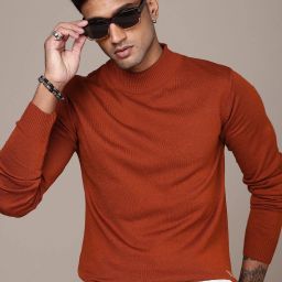 Men Self Design High Neck Brown Sweater-image-102