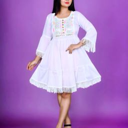 Women A-line White Knee Length Dress-image-86