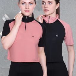 Pack of 2 Women Colorblock Polo Neck Polyester Pink, Black T-Shirt-image-87