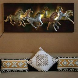 malik design Iron And Mdf Wood 7 Horse In Frame Wall Art With Led In Brown-picture-15