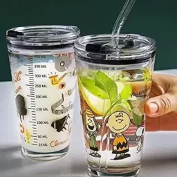 (Pack of 2) Cartoon Creative Milk Glass Cup Set of 2 Glass Coffee Mug (400 ml, Pack of 2) Glass Set Water/Juice Glass-21