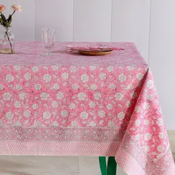 HANDICRAFT PALACE Pink Floral Hand Block Printed Table Cover with6 PIECENapkins-57