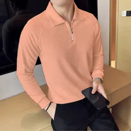 kex Men Solid Zip Neck Polyester Pink T-Shirt-picture-4