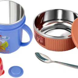 380ml Stainless Steel Air Tight Baby Feeding Bowl With 250ml Sipper Cup for Kids- Stainless Steel-picture-24