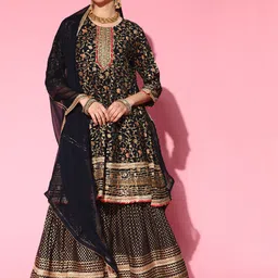 Ishin Women Navy Blue Floral Printed Gotta Patti Kurta & Sharara With Dupatta-21