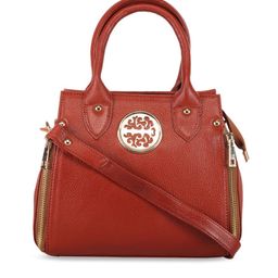 GENWAYNE Tan Leather Structured Handheld Bag With Applique-42
