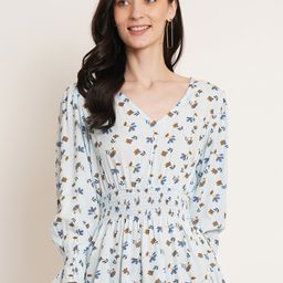 U&F Blue & Mustard yellow Floral Printed Puff Sleeves Smocked Peplum Top-image-34
