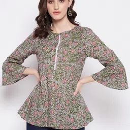Imfashini Round Neck Floral Printed Longline Cotton A-Line Top-picture-49