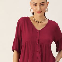 DressBerry Maroon Solid V-Neck Peplum Top-image-84