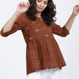 Vishudh Brown Checked Peplum Top-image-19