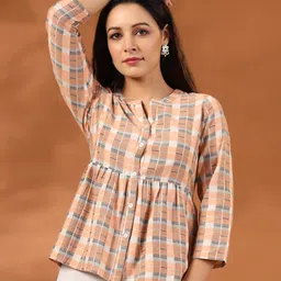 Jaipur Kurti Checked Mandarin Collar Gathered Peplum Top-picture-11