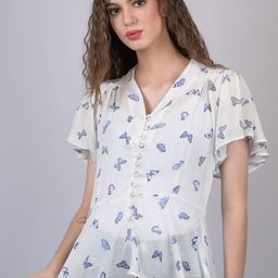 OWO THE LABEL White & Blue Floral Print Peplum Top-image-36