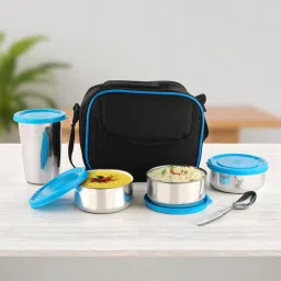 Stainless Steel Tiffin box with 3 Containers, Tumbler, Spoon & Carry Bag 4 Containers Lunch Box-image-84
