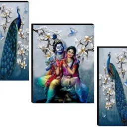 Set of 3 Radha Krishna with Couple Peacock UV Textured Home Decorative Item Self Adhesive Painting 18 Inch X 12 Inch SANFJM31078- Multi Color Vinyl-image-72