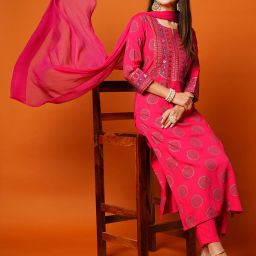 Women Cotton Rayon Kurta Pant Dupatta Set-image-2