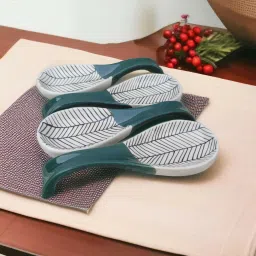 Dark Green Zebra Printed Long Spoon Rest Pack Of 4 Ceramic Table Spoon Set-image-40