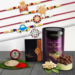 Designer Rakhi Combo Gift Set for Brother |Butterscotch 96Gm|Chocolate|Y22K5_NC10_BS Assorted Rakhi, Chawal Roli Pack, Greeting Card, Coins Set-2